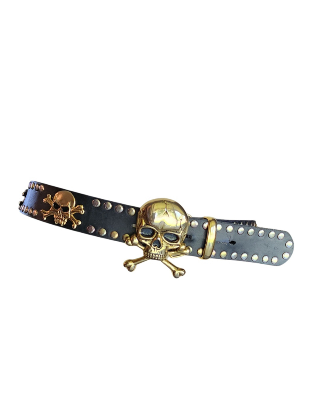 Y2K Punk Rock Black Leather Skull Crossbones Belt Brass Studded M Goth Biker